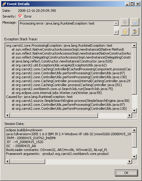 Lingo3G Document Clustering Workbench Event Details dialog