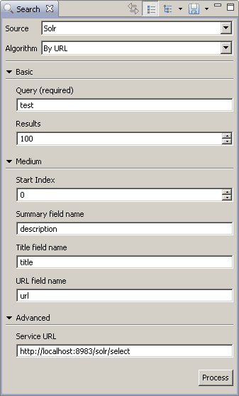 Lingo3G Document Clustering Workbench Solr search view