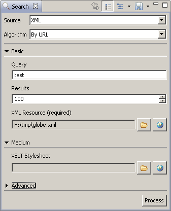 Lingo3G Document Clustering Workbench XML search view